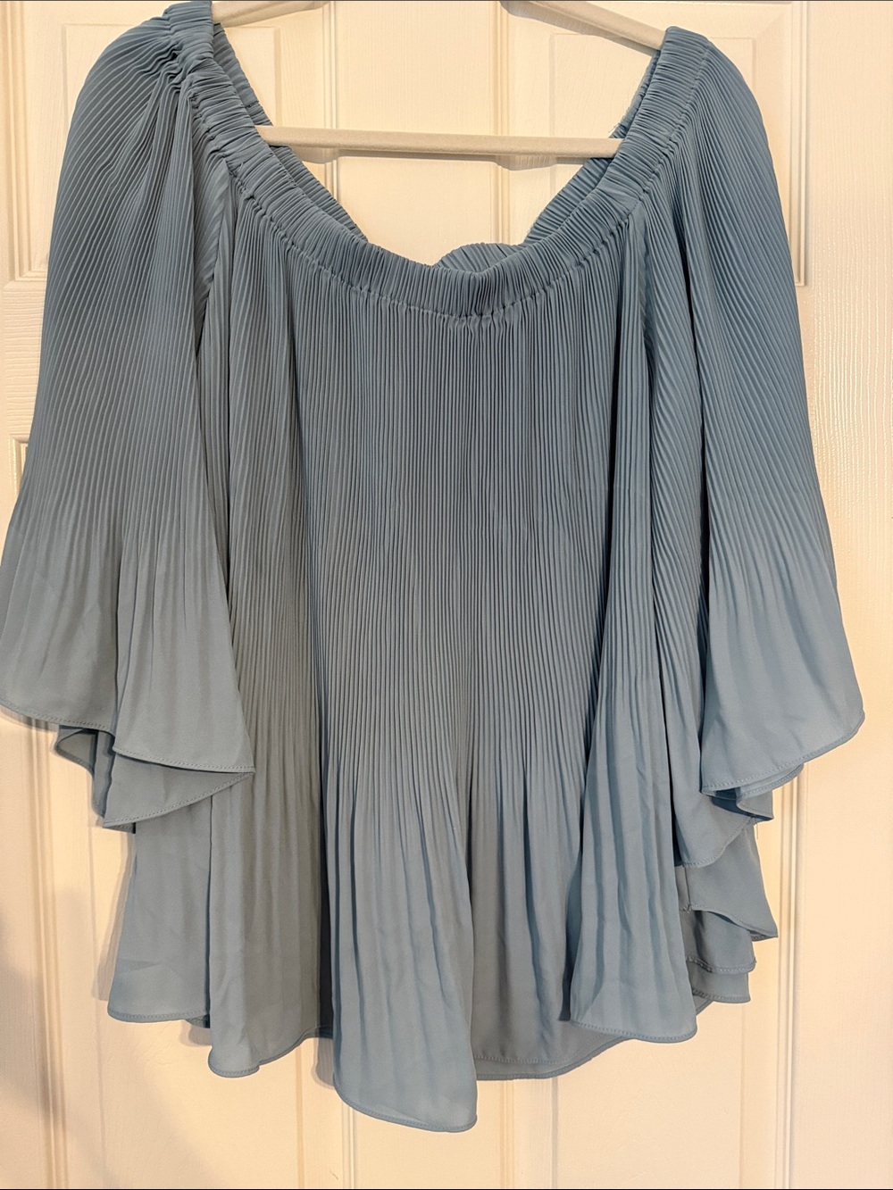 Vince Camuto Dusty Blue Pleated Off-Shoulder Blouse